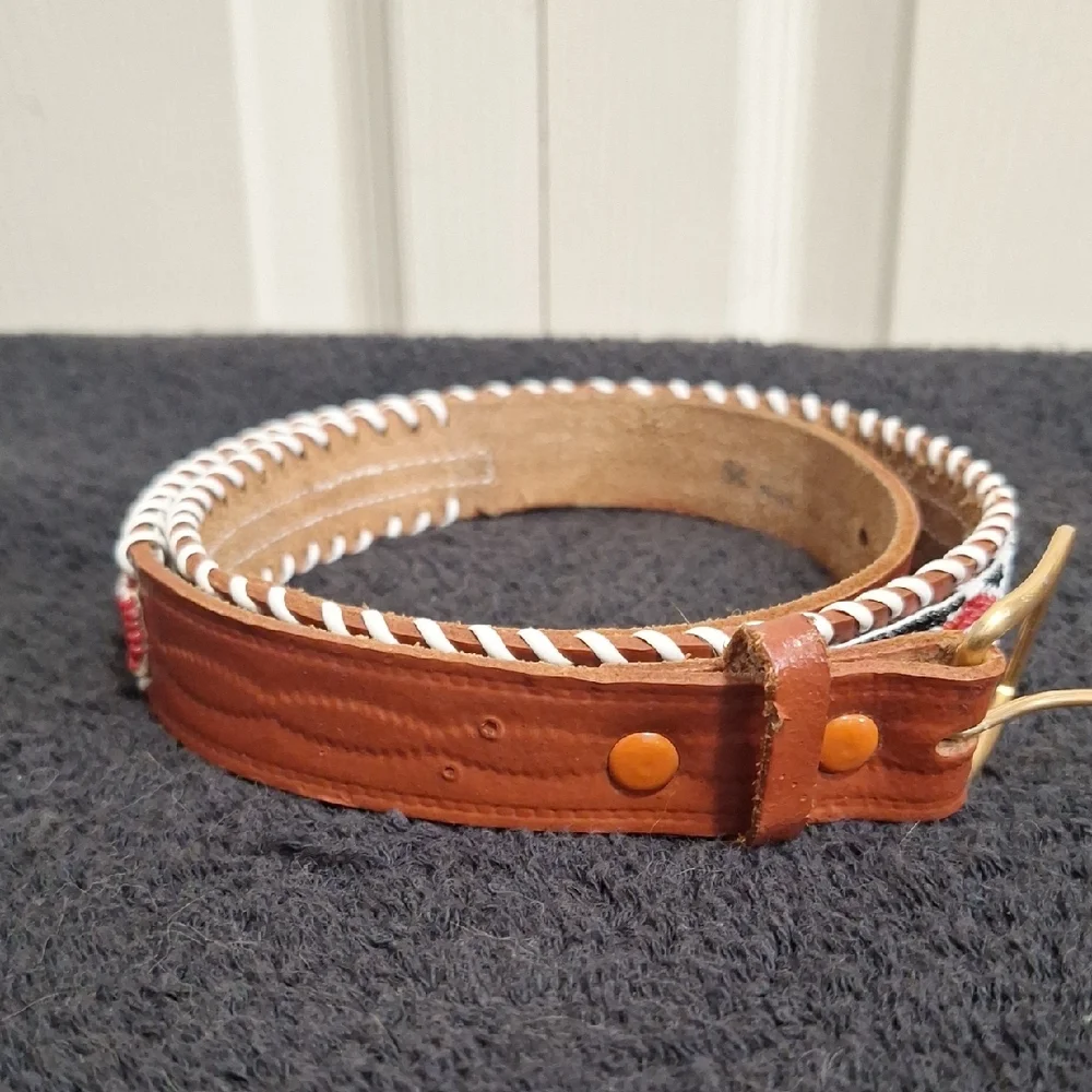 Made In Mexico Colorful Beaded Stamped Genuine Cowhide Belt-34-Brown Multi